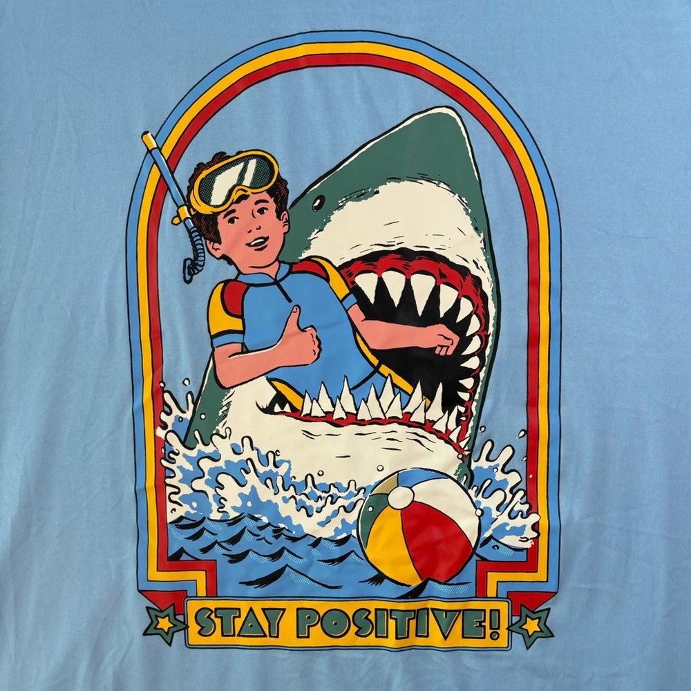 Shark T-Shirt Stay Positive Men's XXL Light Blue Beach Snorkler Jaws Summer